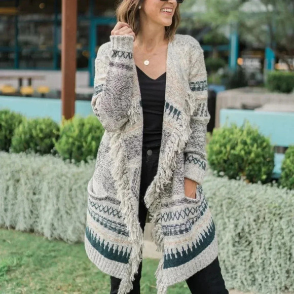 Cabi Sweater Shetland Fringe  Open Front Cardigan Southwest Aztec - Picture 1 of 16